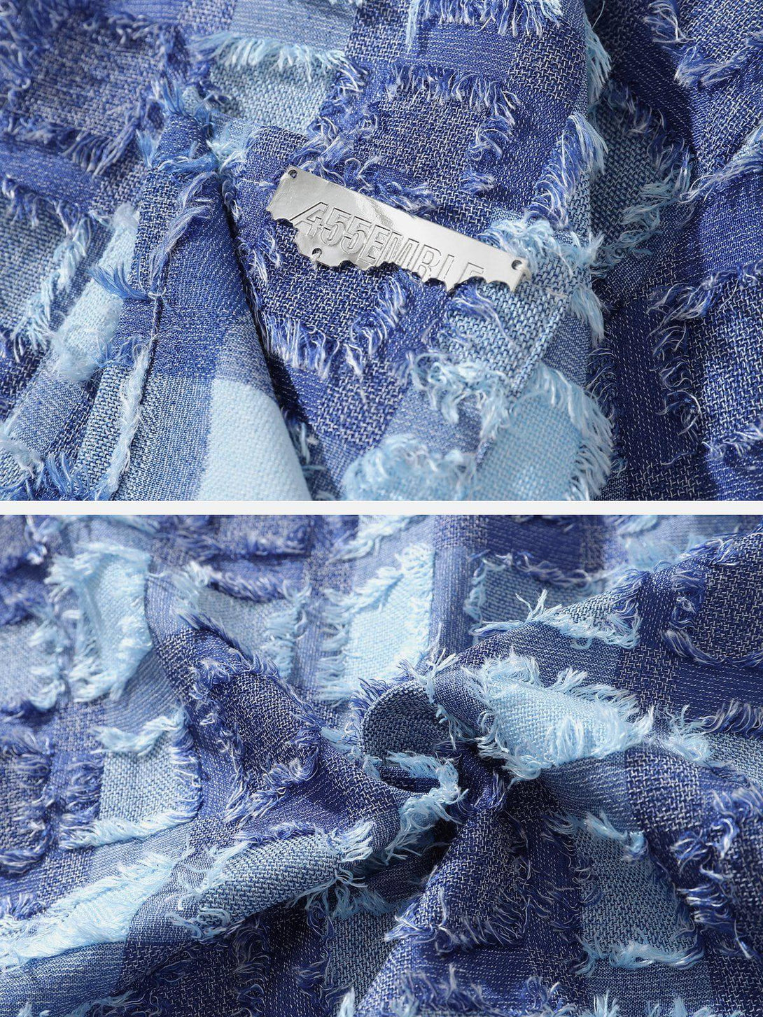A detailed view of the blue checkered texture on TALISHKO's long-sleeved shirt, highlighting frayed edges.