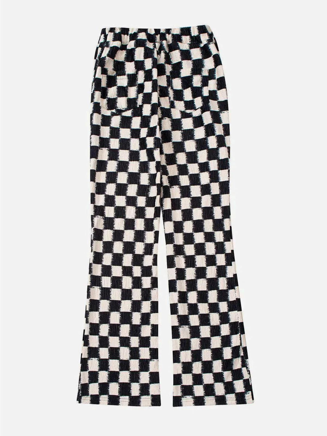 Checkerboard pants by TALISHKO, displaying a bold pattern and elastic fit, perfect for statement looks.