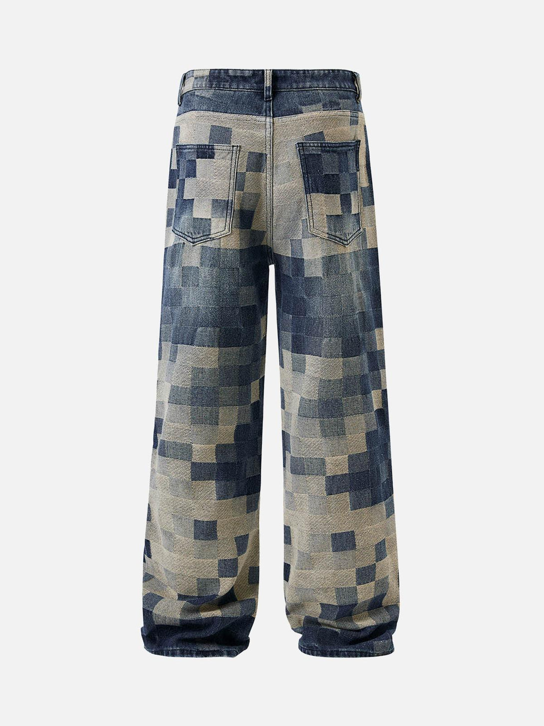 Back view of TALISHKO wide-leg jeans featuring a checkerboard jacquard pattern.