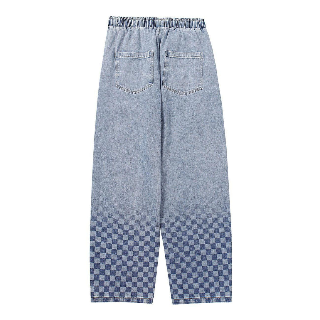 Back view of TALISHKO checkerboard print jeans in blue with stylish pocket details.