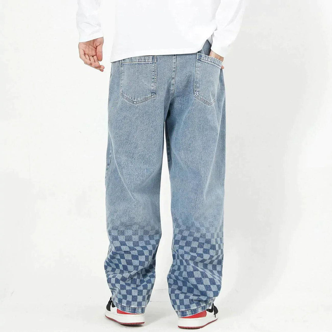 Back view of TALISHKO checkerboard print jeans featuring a relaxed fit and blue pattern.