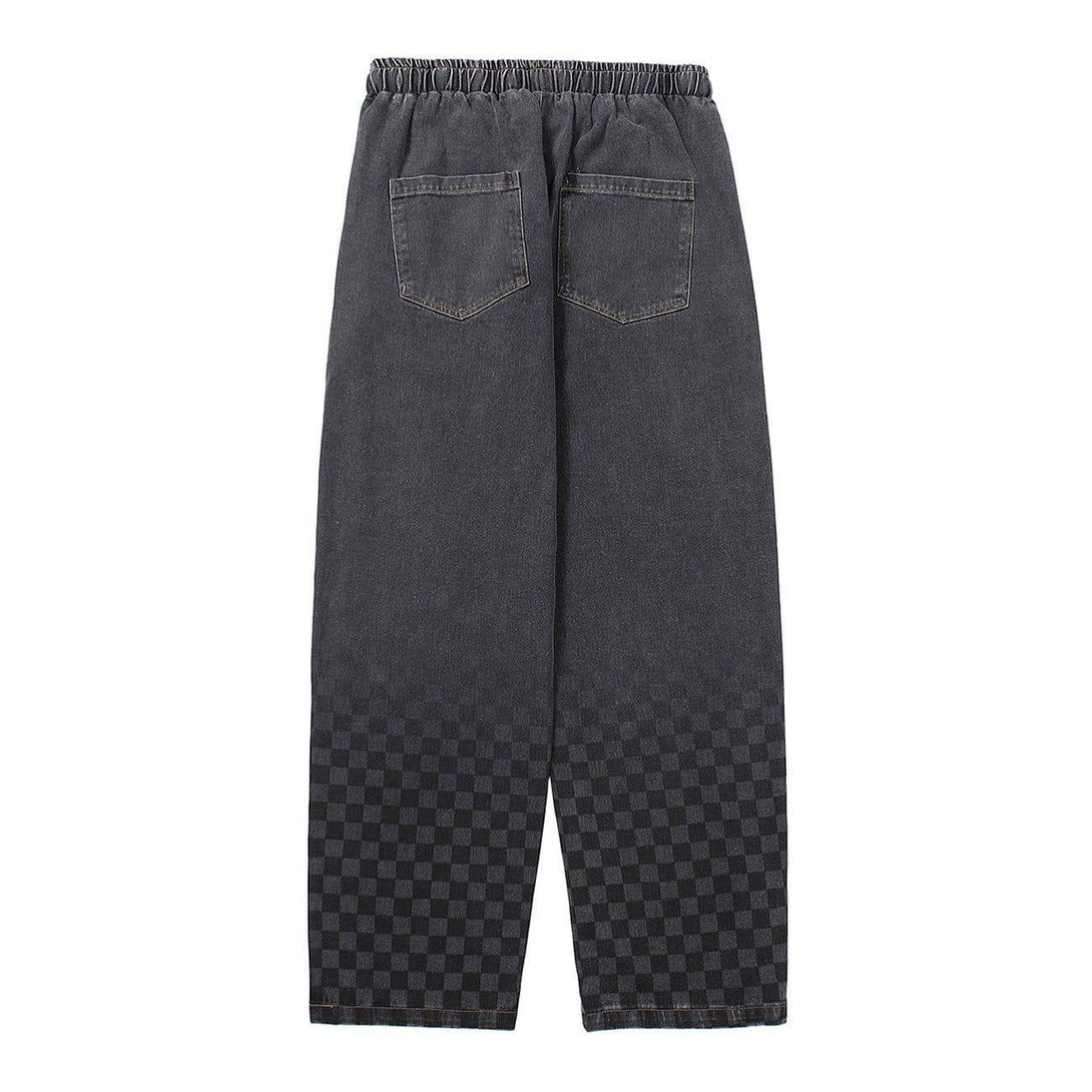 Back view of TALISHKO checkerboard print jeans with elastic waistband and pocket details.