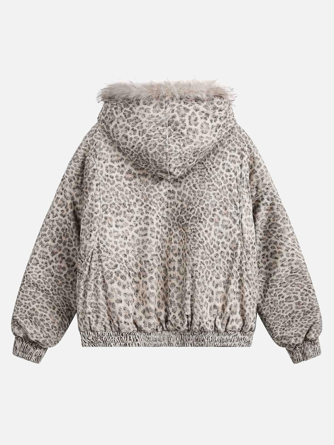 Back view of a cheetah print jacket featuring a mink fur hood, designed by TALISHKO.
