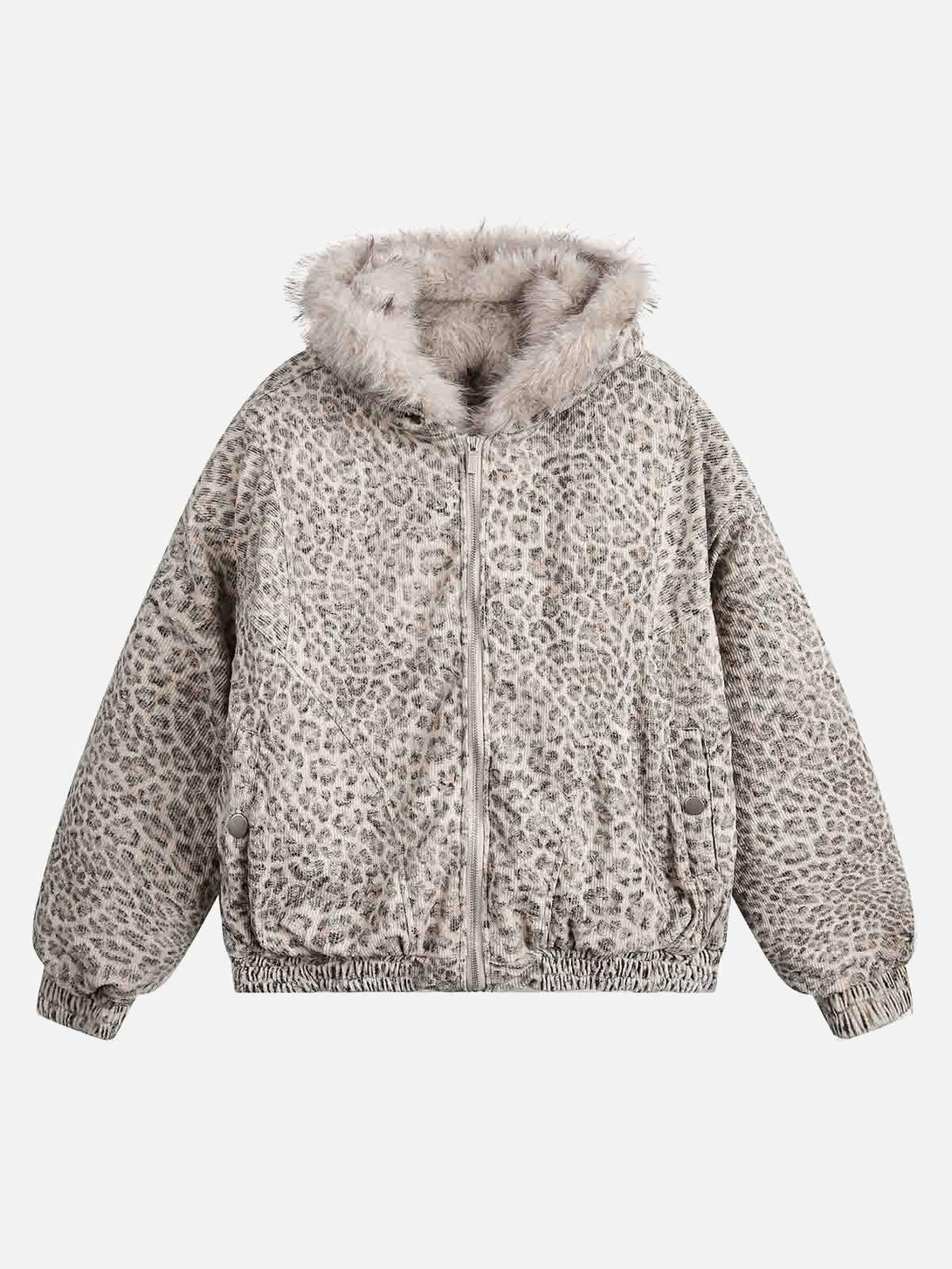 Cheetah print jacket with a mink fur hood, front view by TALISHKO, ideal for stylish layering.
