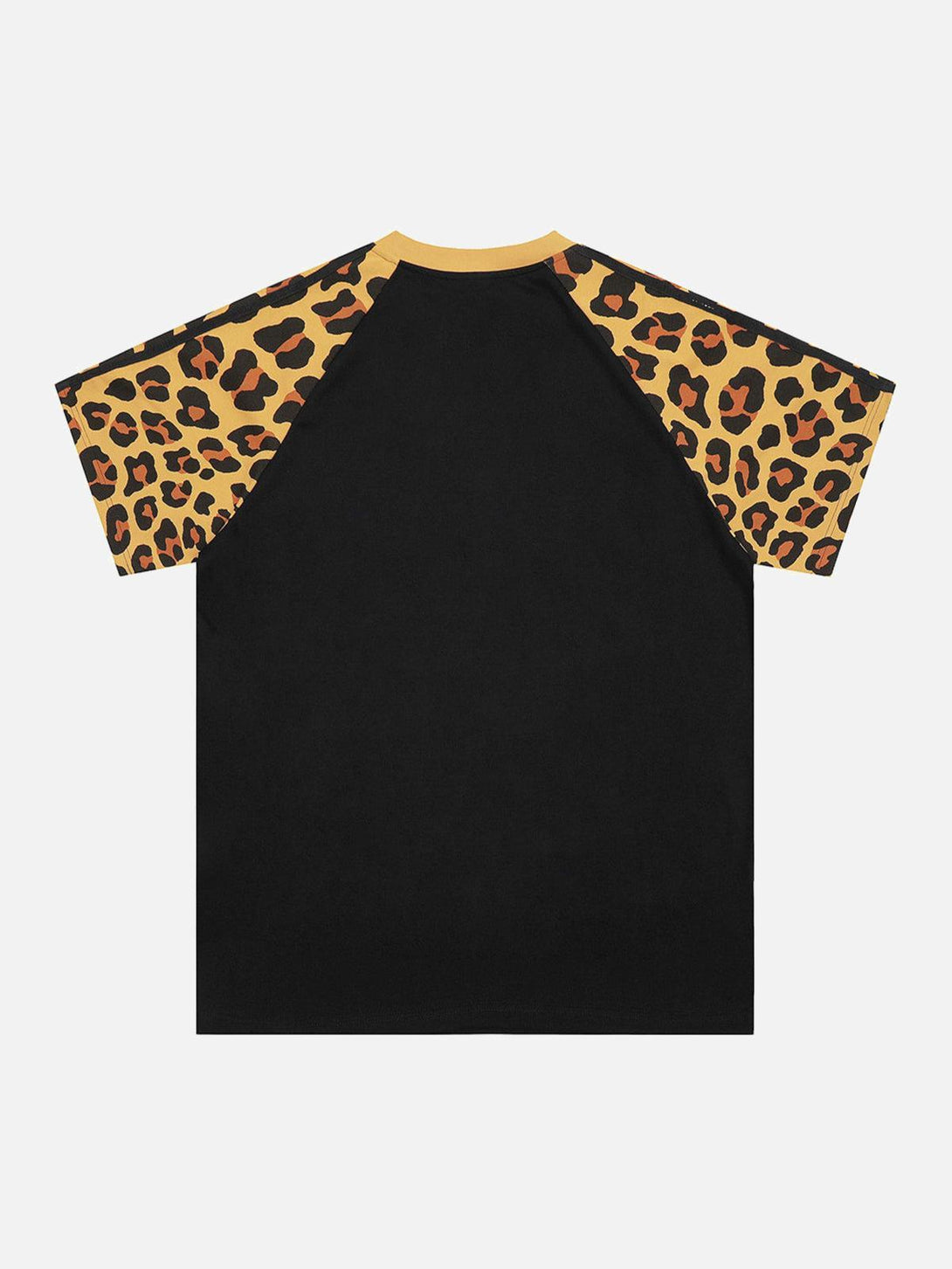 Back view of a Cheetah Print Raglan Sleeve T-Shirt by TALISHKO, featuring bold animal print sleeves.