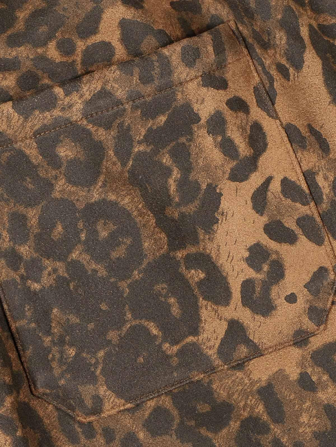 A detailed look at the cheetah print suede pants by TALISHKO, highlighting the intricate pattern.