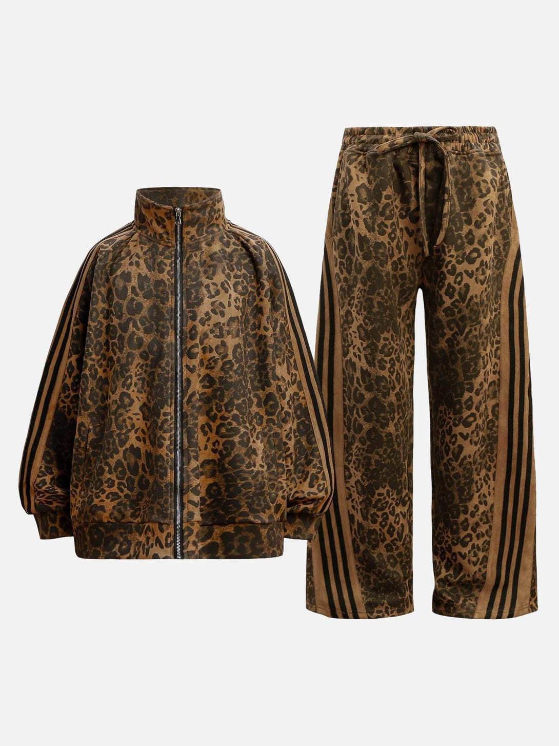 TALISHKO cheetah print tracksuit set with suede texture and bold stripes, showcasing front view.