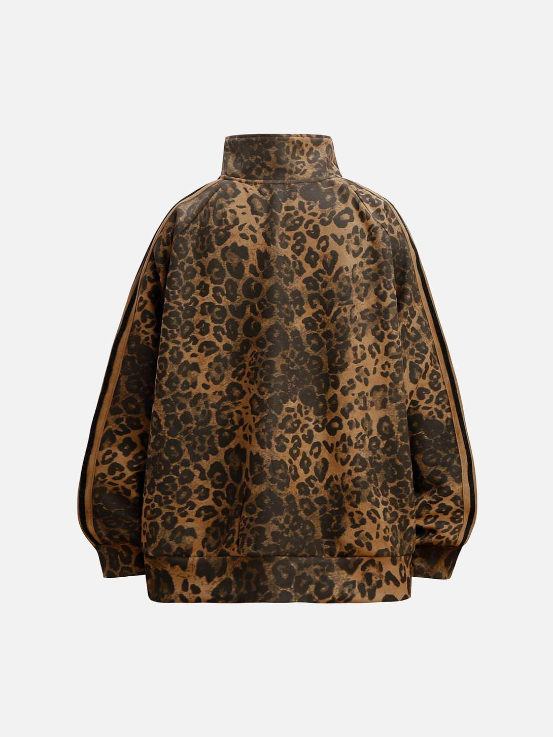 Back view of a cheetah print suede track jacket by TALISHKO, featuring a bold pattern design.