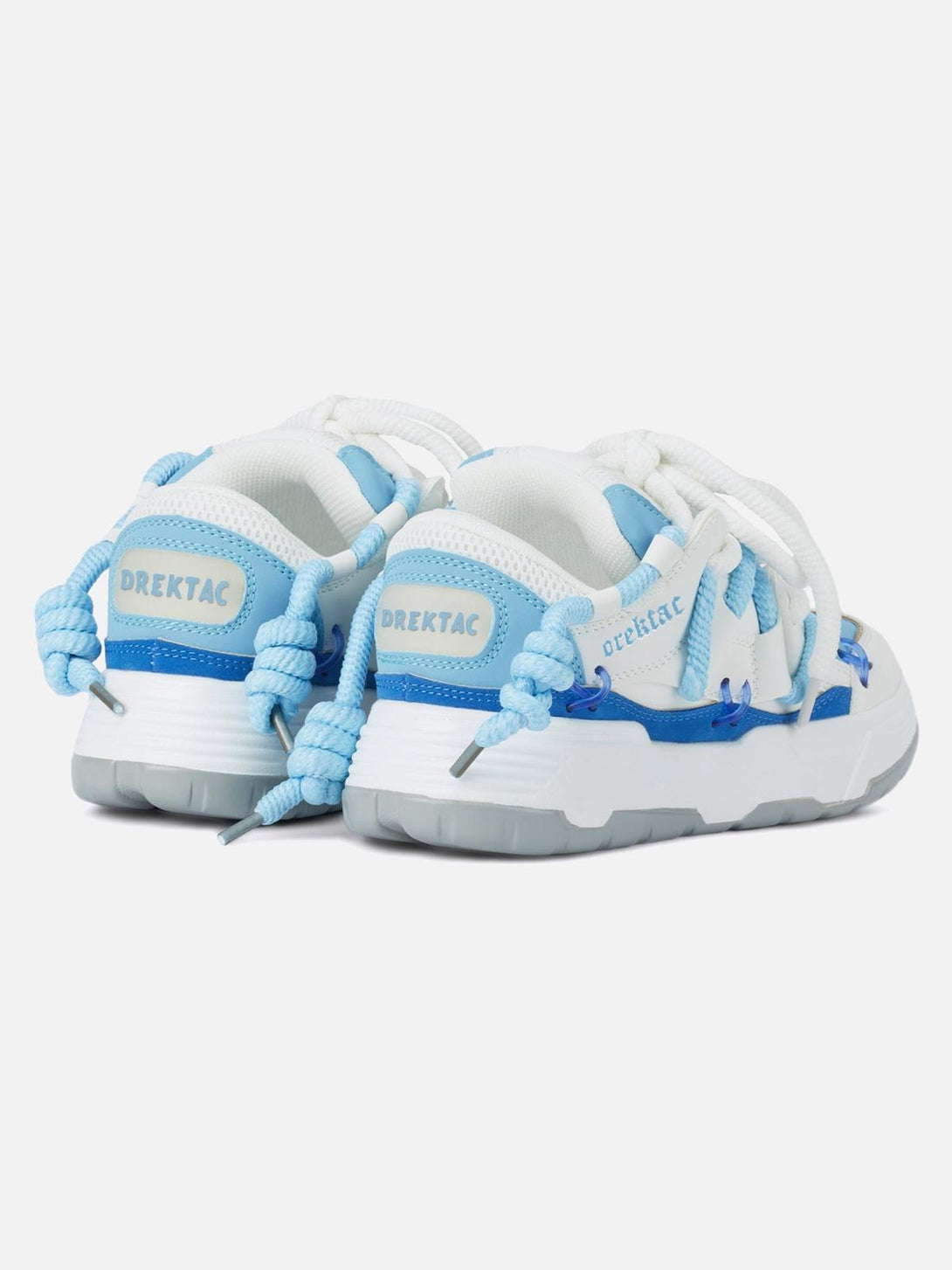 Back view of blue and white chunky rope shoes by TALISHKO, showcasing bold design elements.