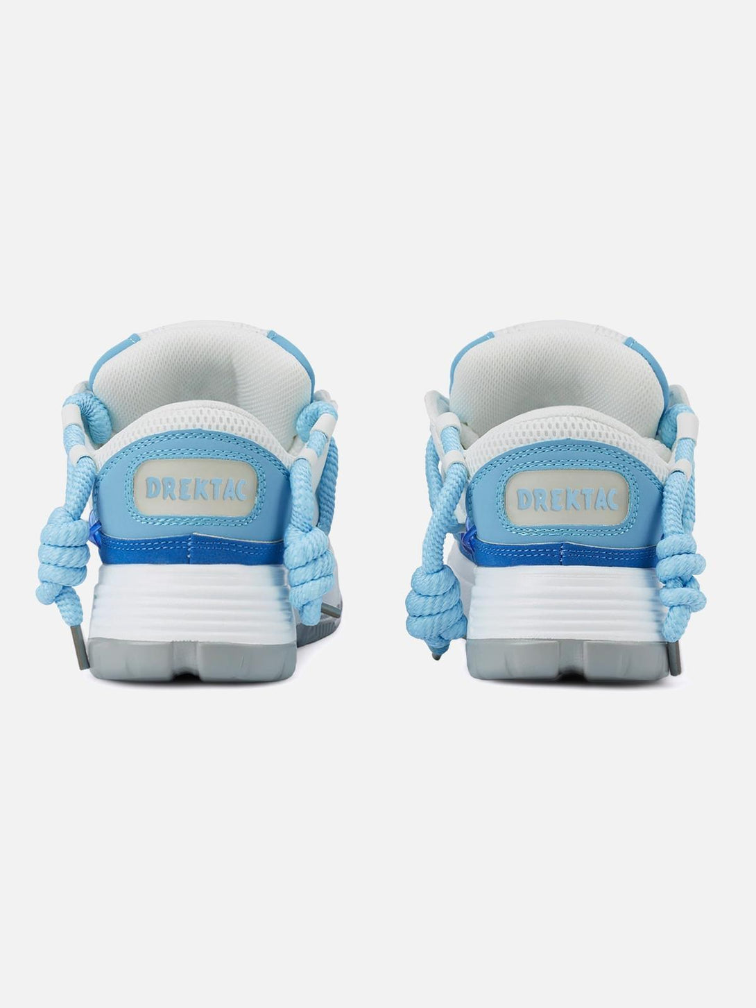 Back view of blue and white chunky rope shoes by TALISHKO, highlighting bold laces.