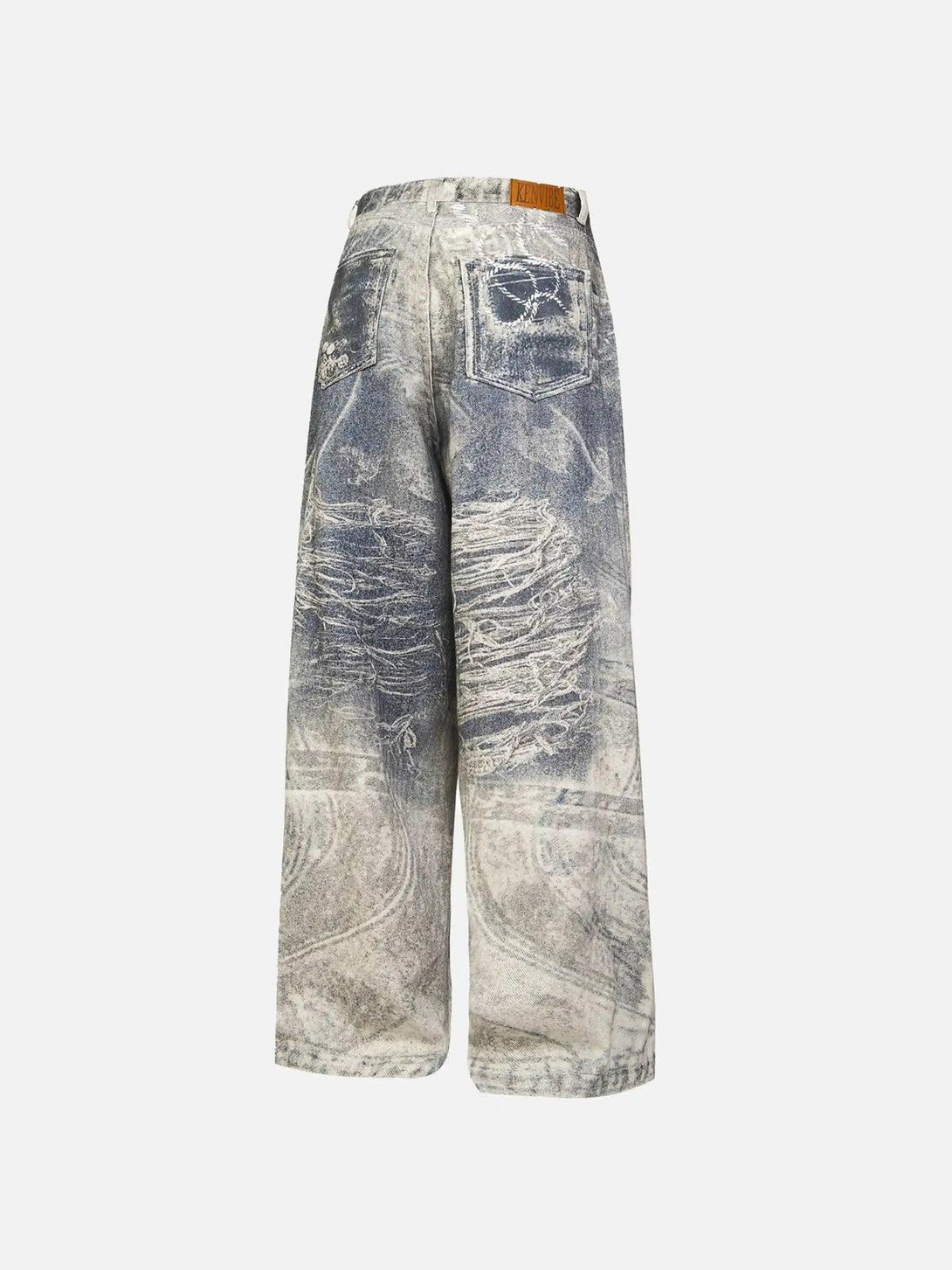 Back view of TALISHKO imitation jeans with artistic digital print and relaxed fit.