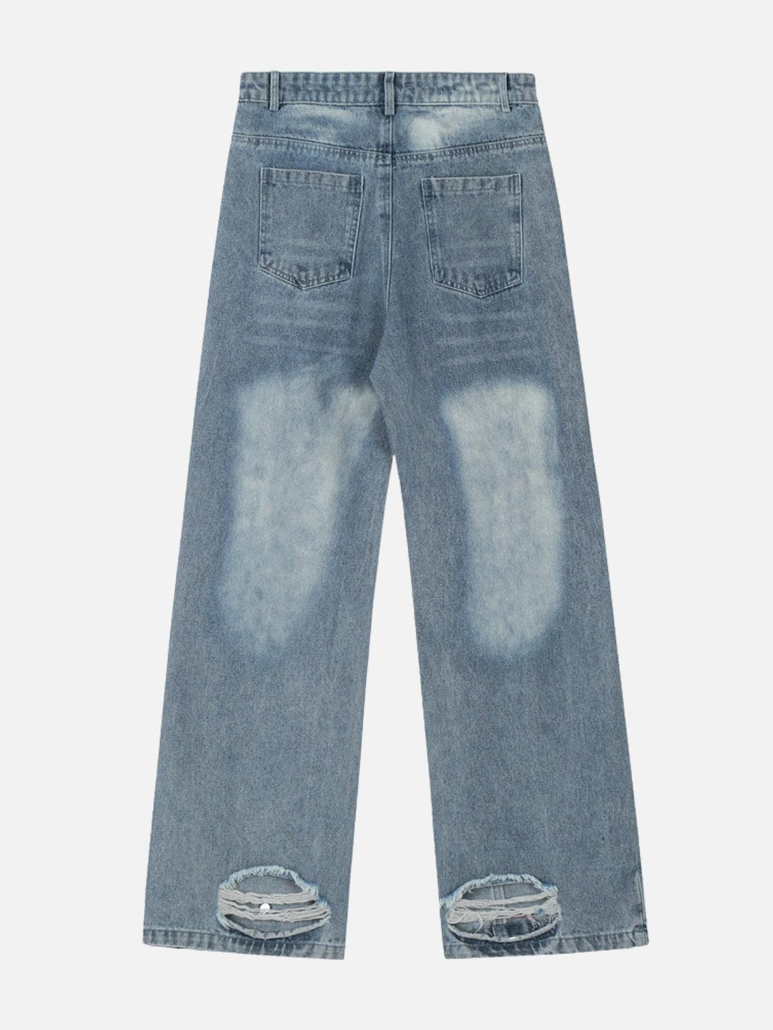 Back view of TALISHKO circle cut-out jeans showcasing distressed details and unique style.