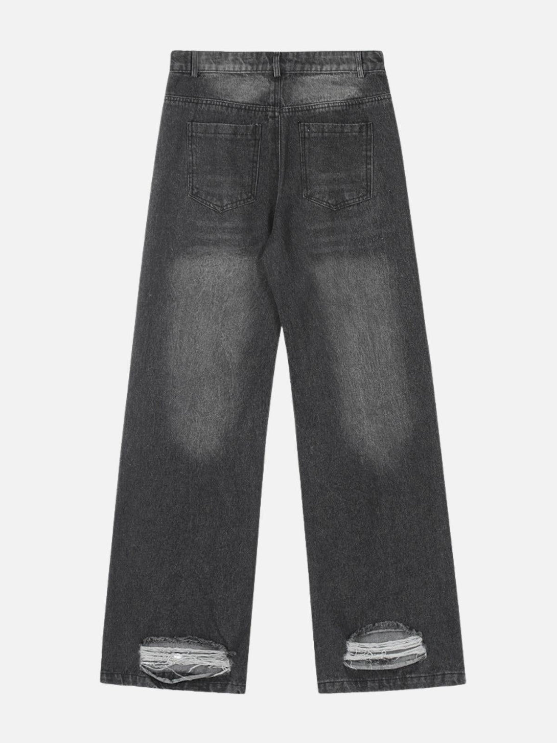 Back view of TALISHKO circle cut-out jeans with distressed hems and unique style.