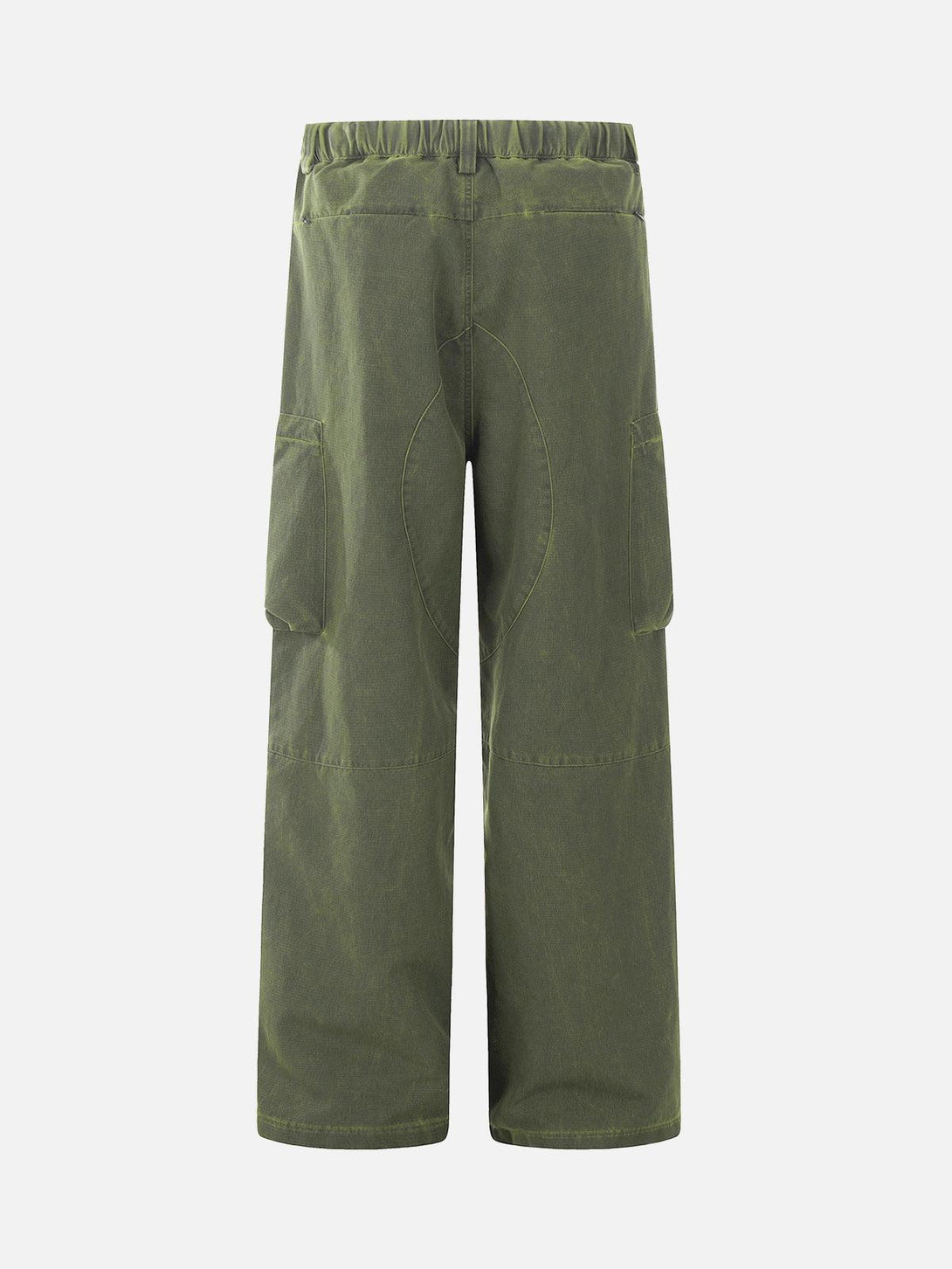 Back view of olive cargo pants by TALISHKO, highlighting multi-pocket design and relaxed fit.