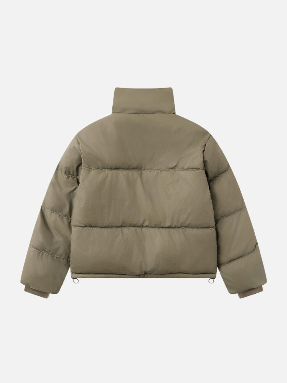 Back view of a TALISHKO olive puffer coat with a classic stand collar, offering cozy warmth.
