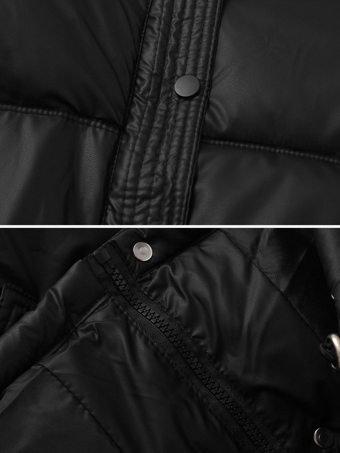 A detailed view of the TALISHKO puffer coat's black fabric and button closure design.