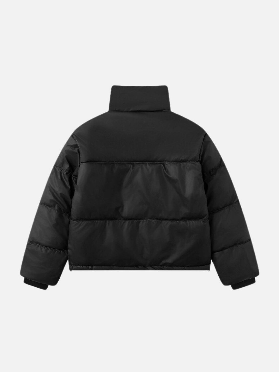 Back view of a black puffer coat by TALISHKO, featuring a classic stand collar design.