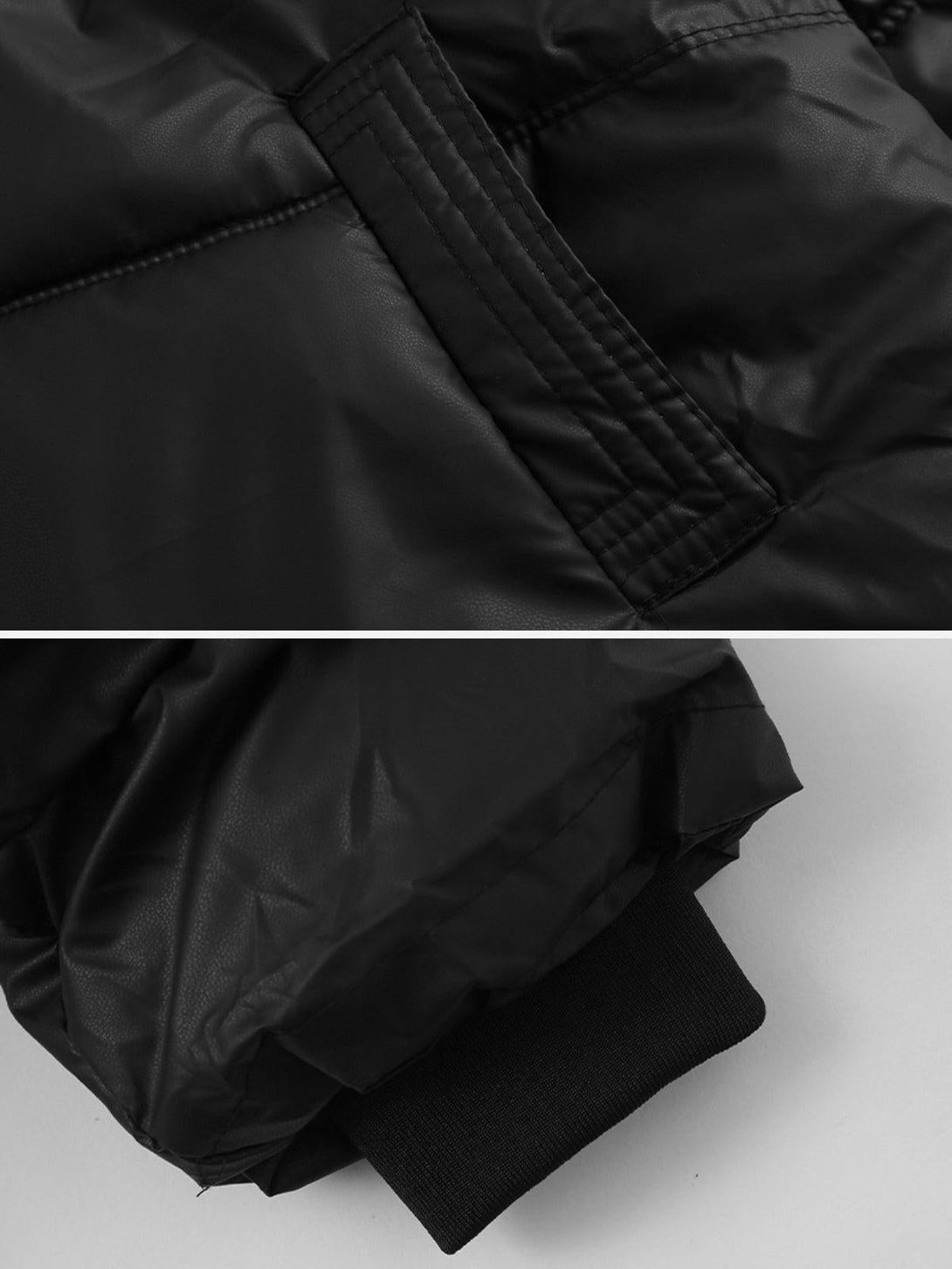 Intricate look at TALISHKO puffer coat's black stitching and cuff detail, adding stylish texture.