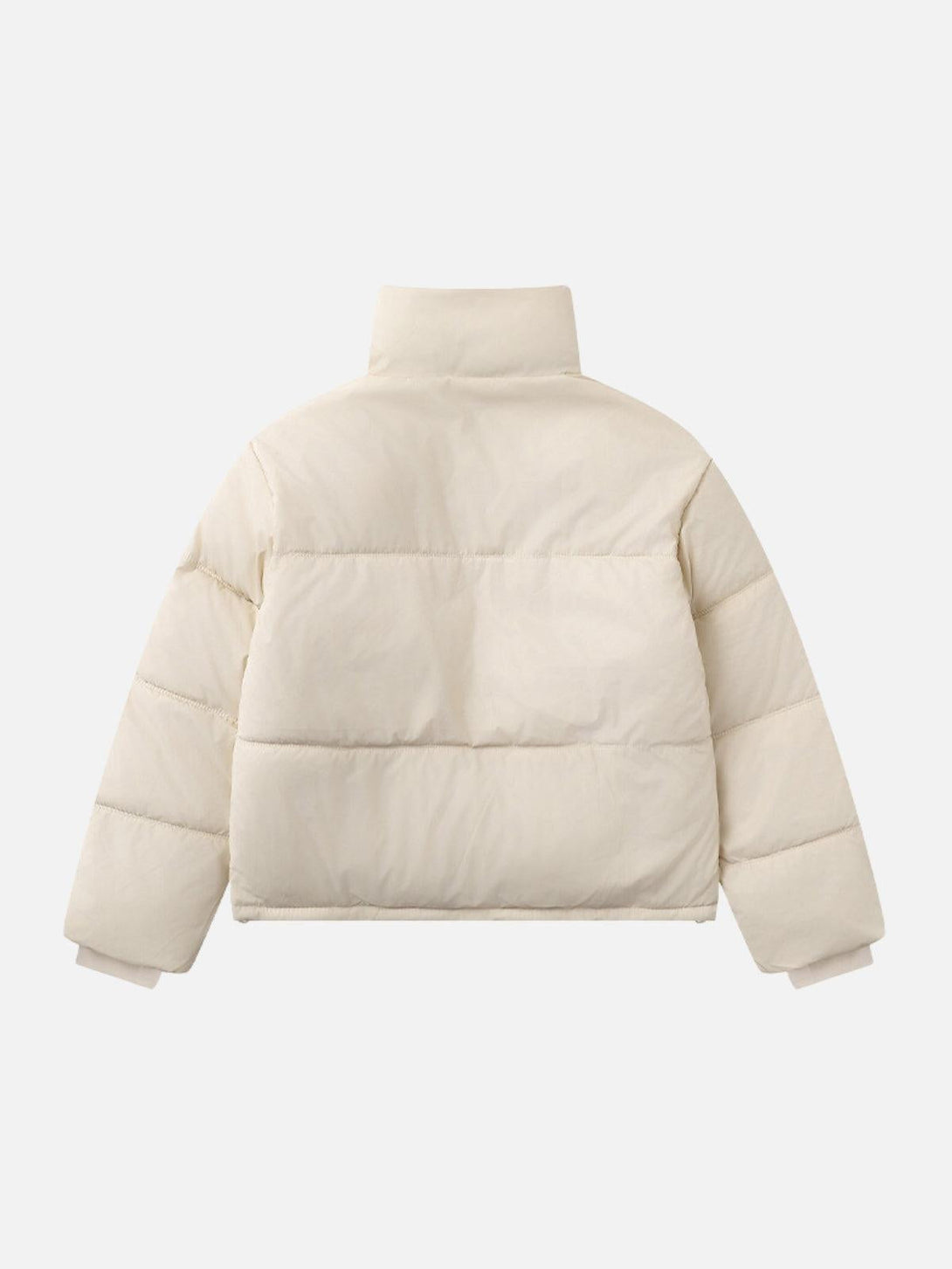 Back view of a TALISHKO cream puffer coat featuring a stylish stand collar design.