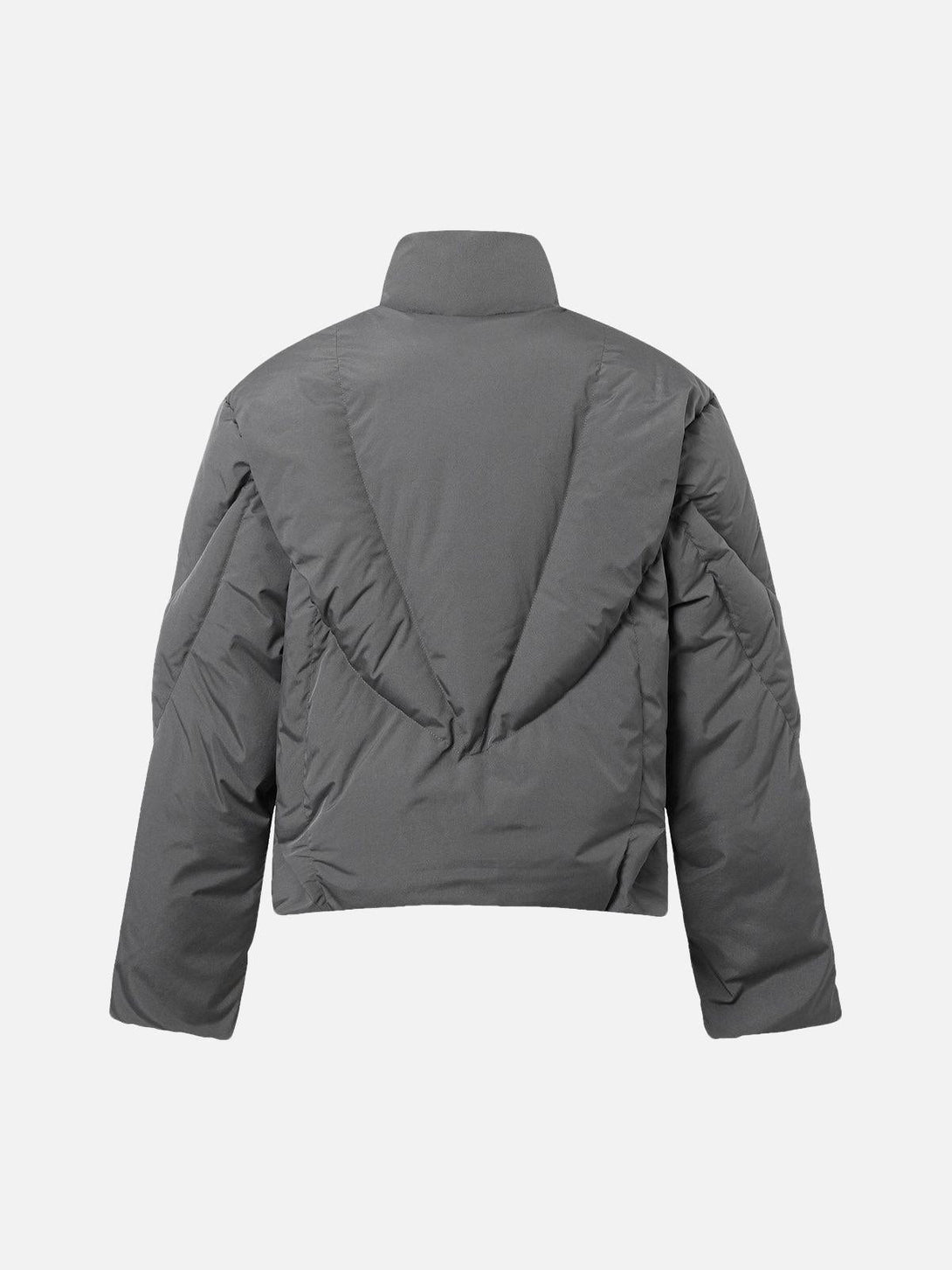 Back view of a gray classic stand collar puffer jacket by TALISHKO, highlighting modern design.