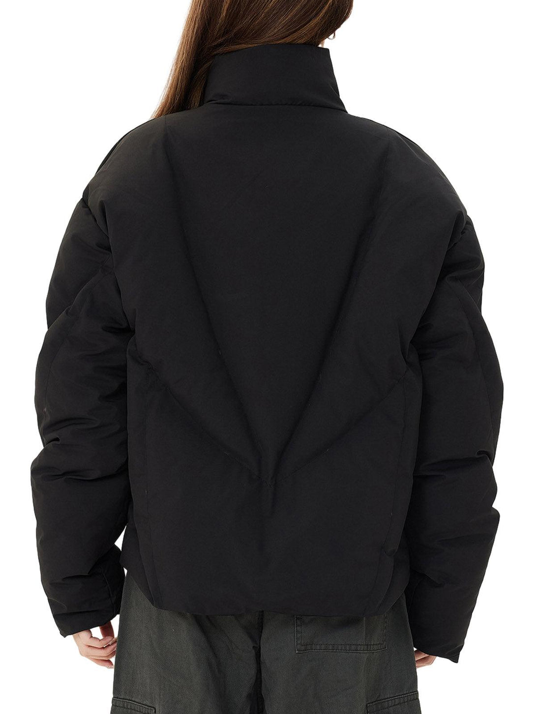 Back view of black puffer jacket by TALISHKO, featuring a classic stand collar design.