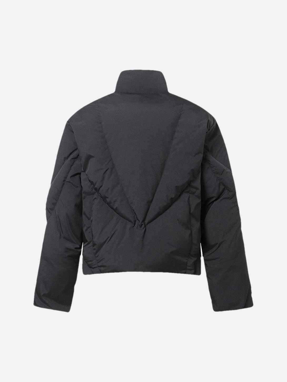 Back view of a black classic stand collar puffer jacket by TALISHKO, showcasing sleek design.