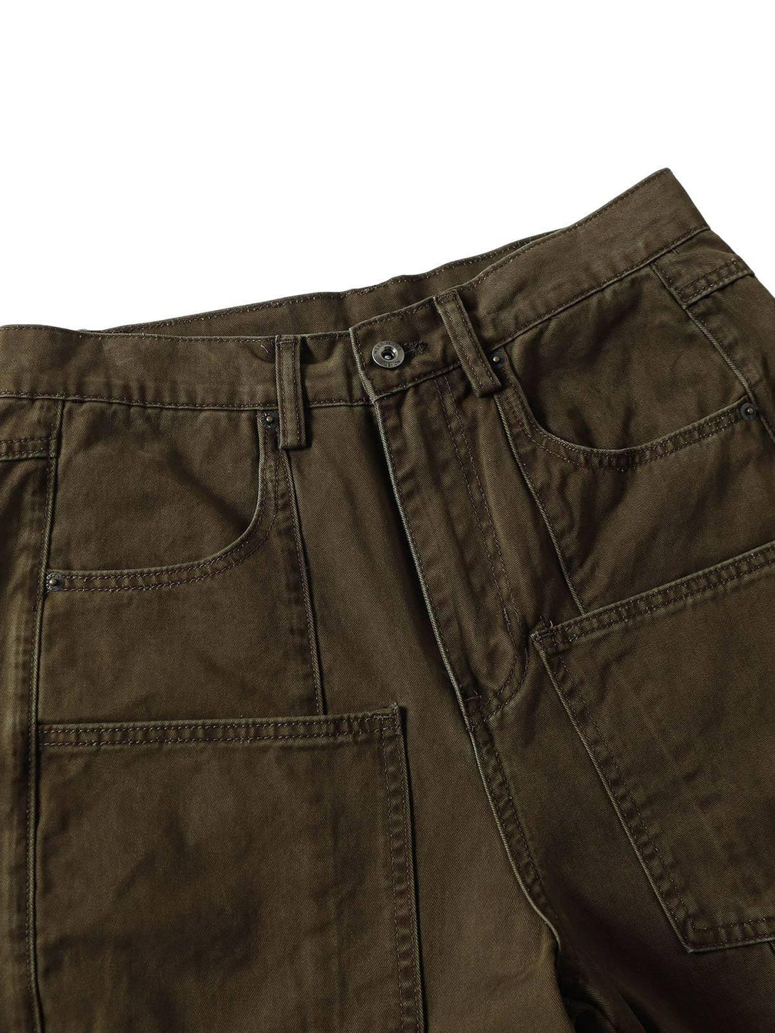 Detailed look at TALISHKO's utility cargo pants in brown, featuring front pockets and sturdy stitching.