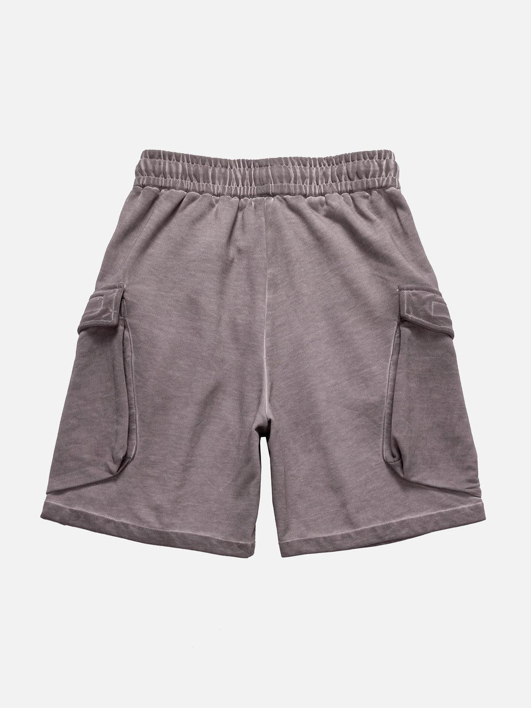 Gray velour cargo shorts by TALISHKO, front view highlighting elastic waist and side pockets.