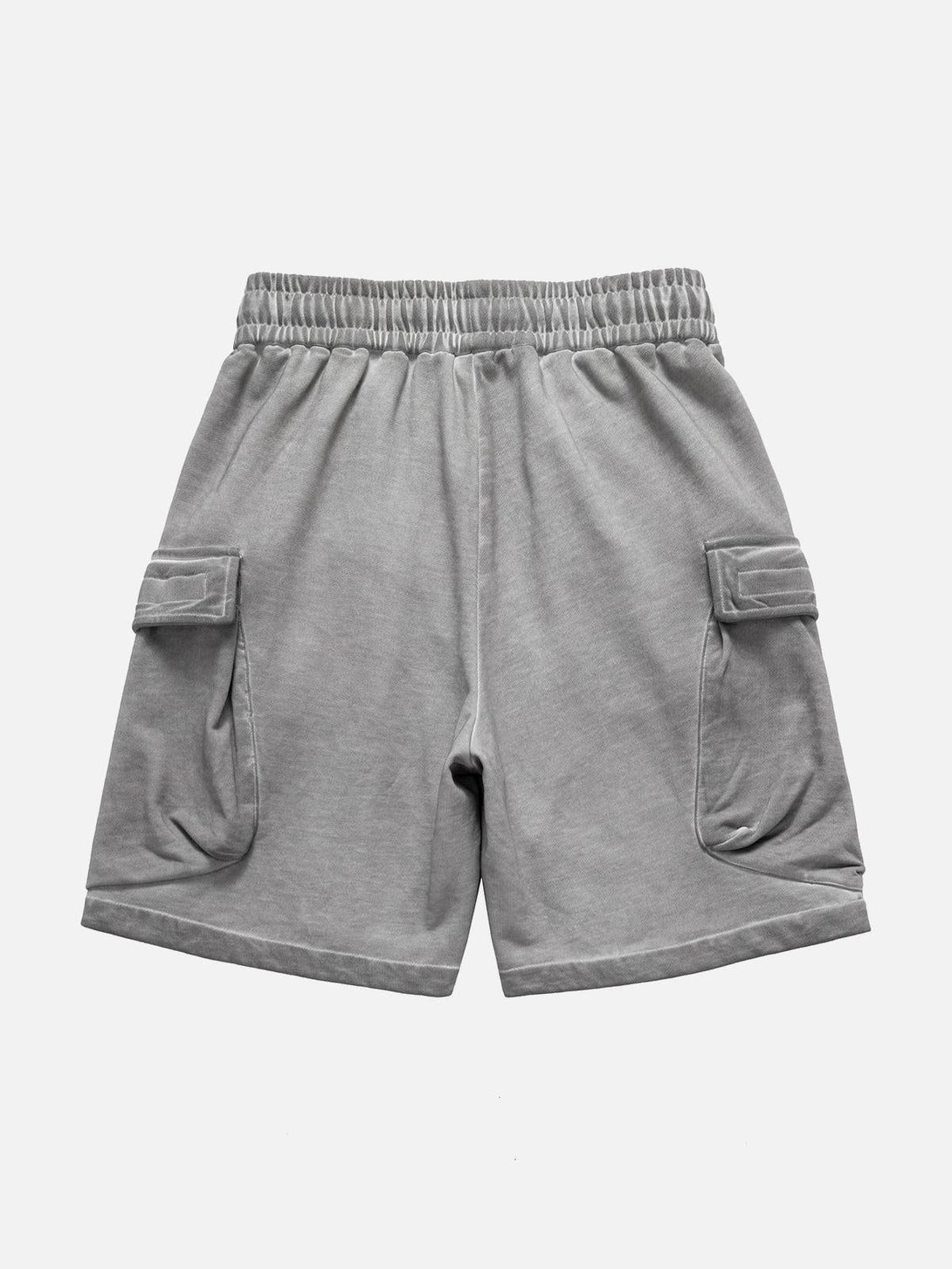 Gray velour cargo shorts by TALISHKO, back view showing elastic waistband and cargo pockets.