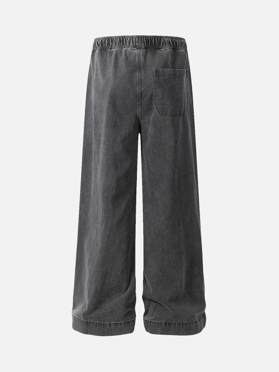 Back view of TALISHKO classic washed baggy jeans with a drawstring waist and pocket detail.