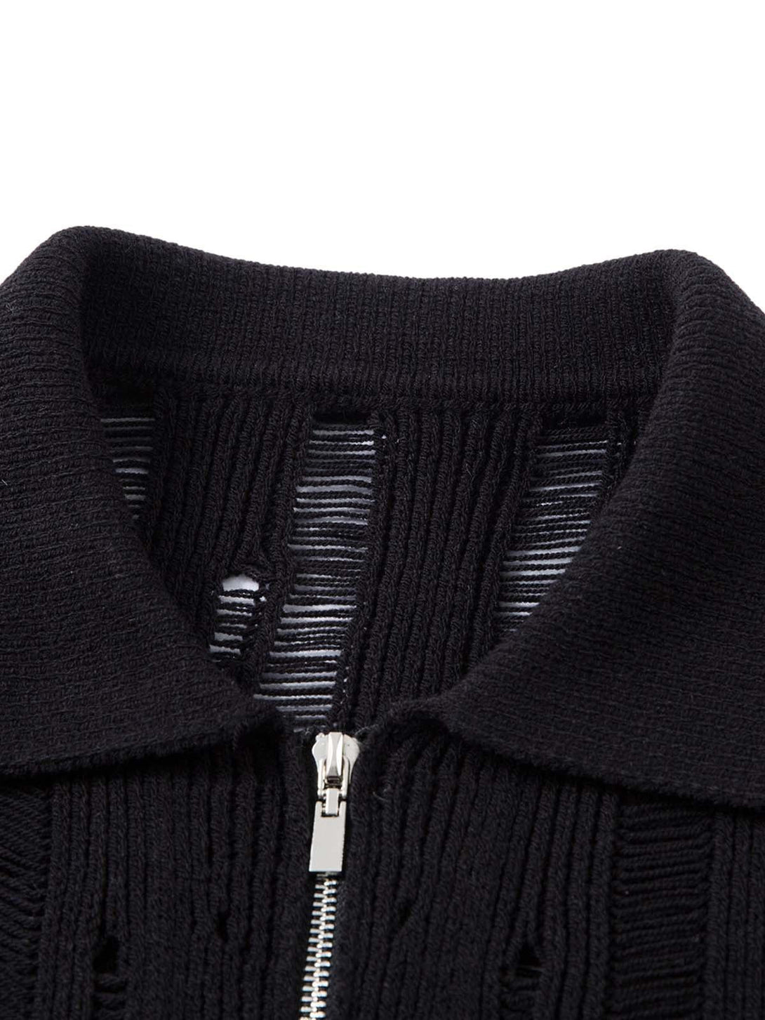 A detailed view of TALISHKO's black knit zip-up shirt collar, highlighting its texture.