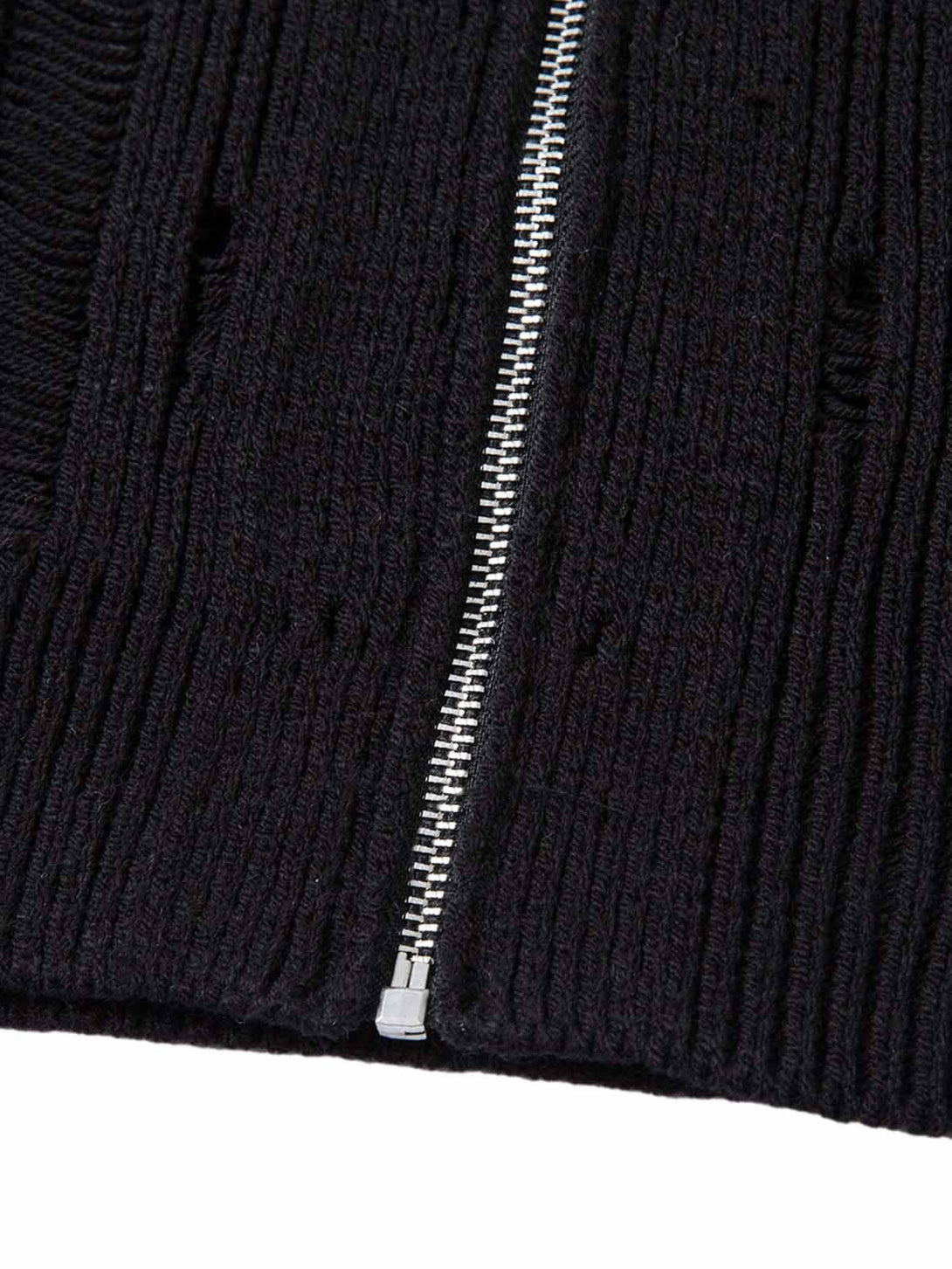 A close-up of TALISHKO's black knit zip-up shirt, showcasing the sleek zipper detail.
