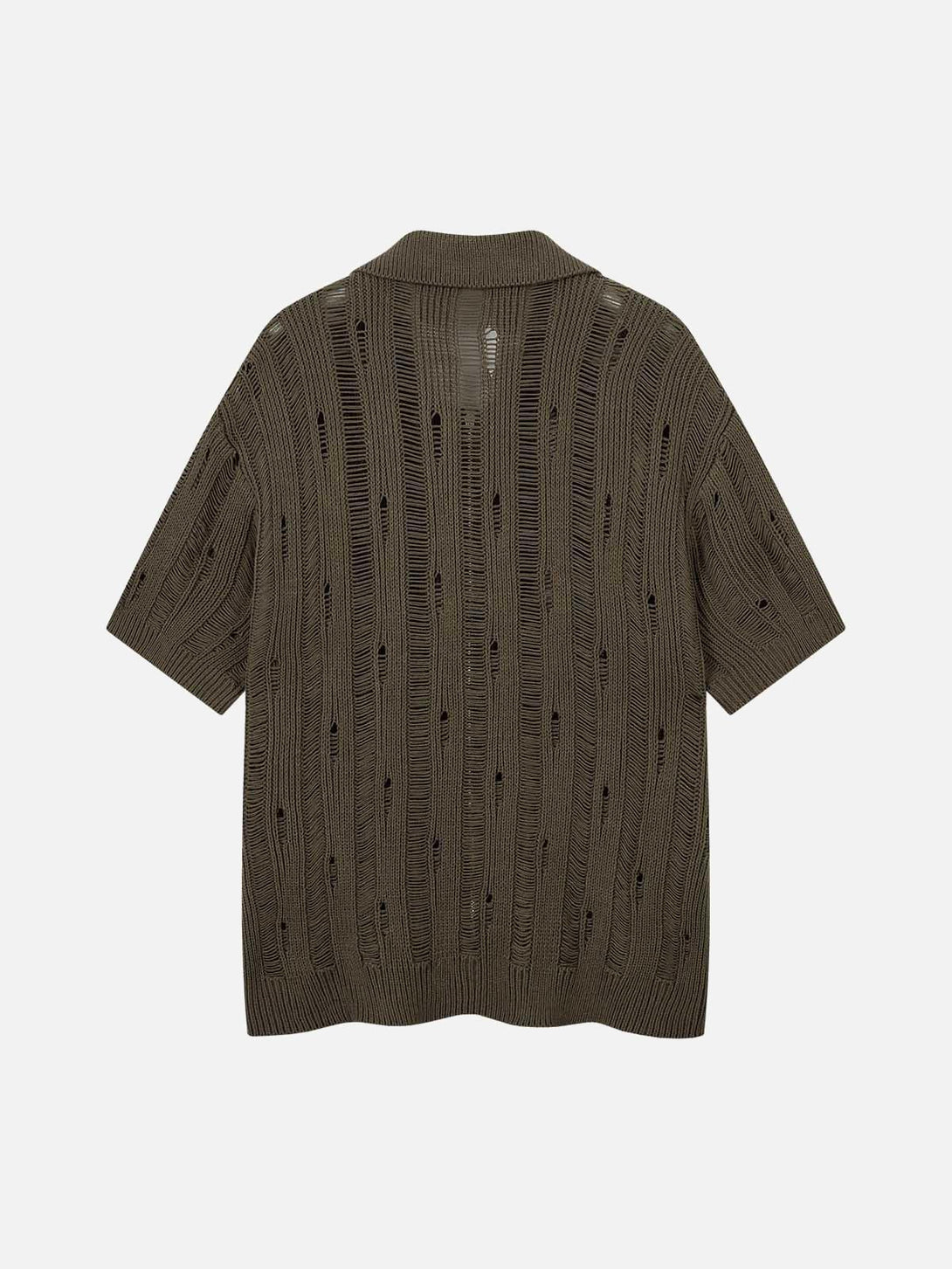 Back view of TALISHKO's green knit short-sleeve shirt, showcasing its textured open-knit design.