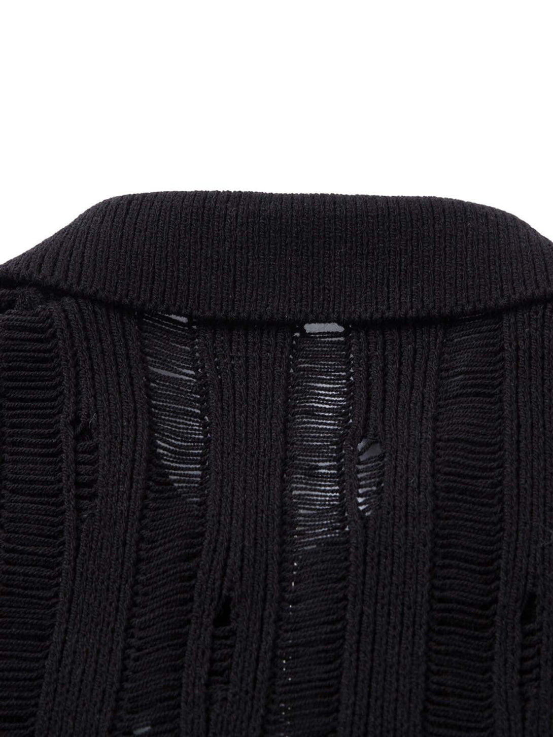 Intricate look at TALISHKO's black knit shirt, highlighting the open-knit texture and collar.