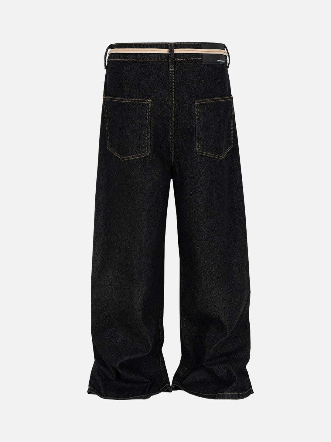 Back view of TALISHKO baggy jeans with buckle belt, highlighting a relaxed, casual fit.