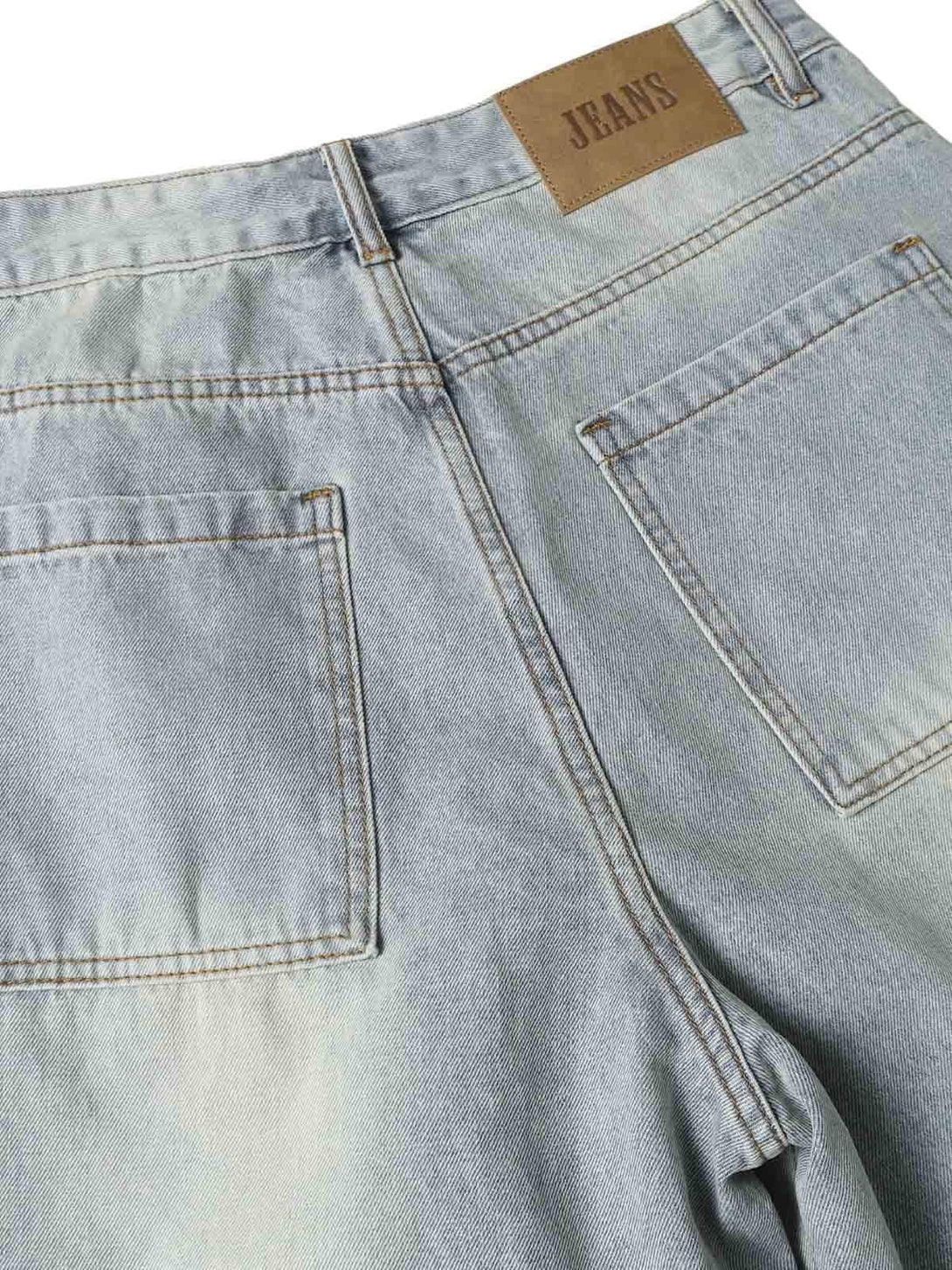 Back view of light blue denim baggy cargo jorts by TALISHKO, highlighting classic pocket design.