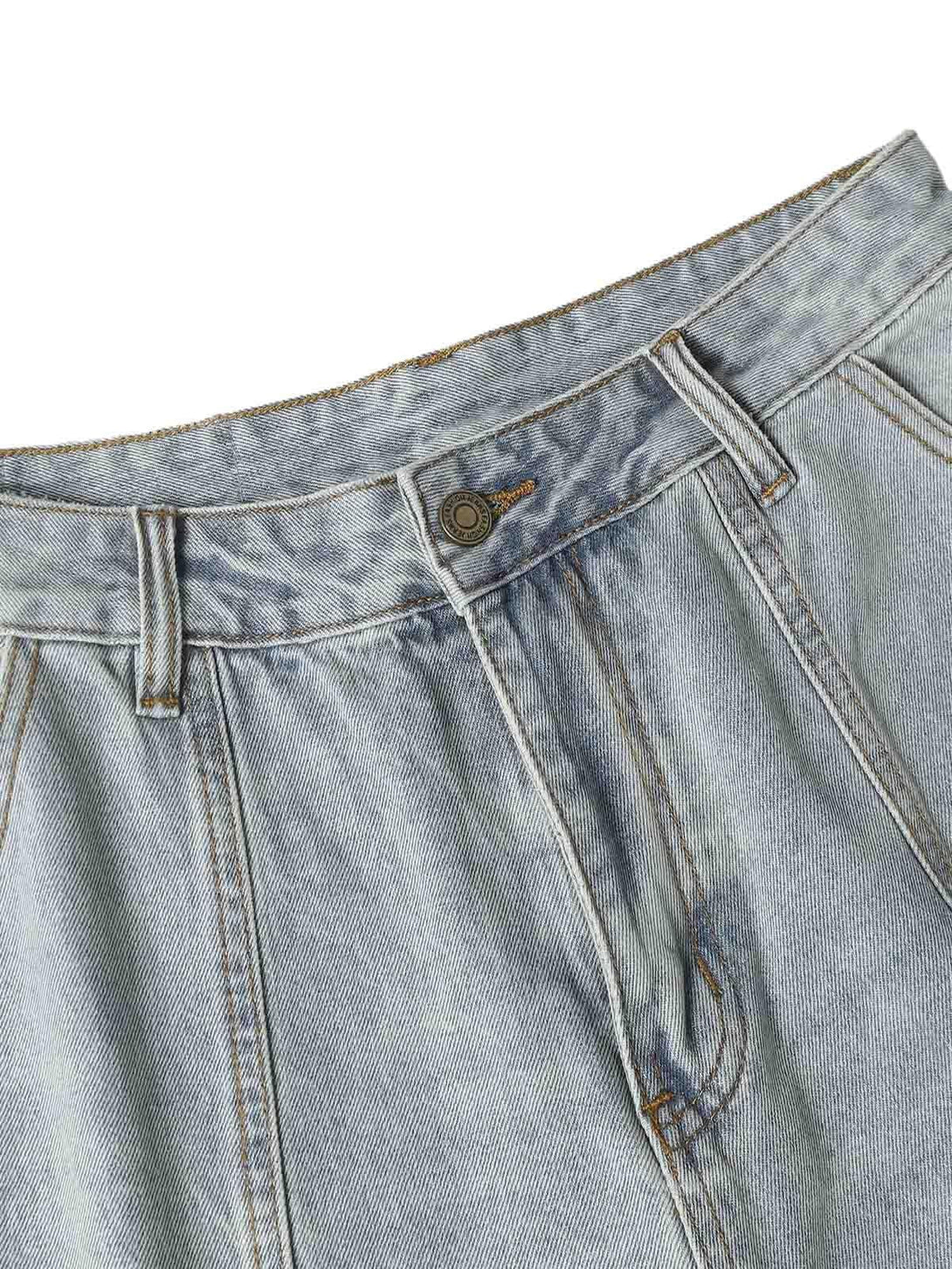 TALISHKO denim baggy cargo jorts feature detailed stitching and a relaxed fit for warm days.
