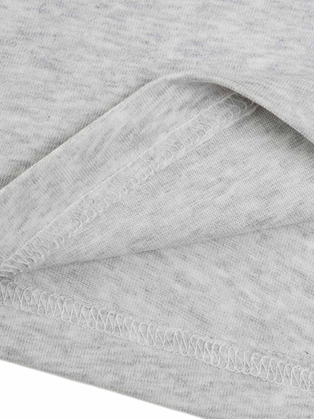 Detailed fabric and stitching of a gray Cleanfit music graphic T-shirt by TALISHKO.