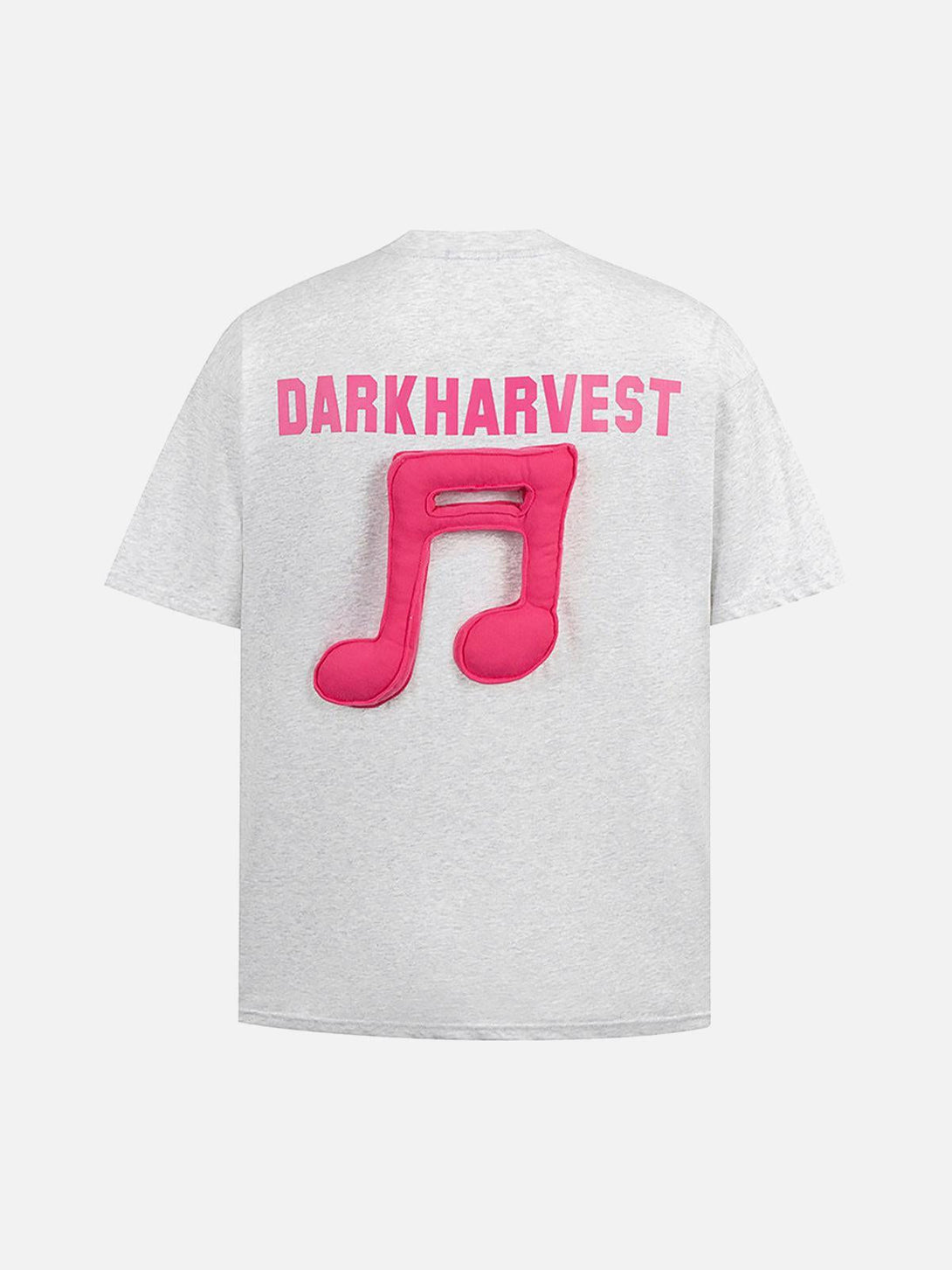 Back view of TALISHKO music graphic T-shirt featuring bold pink details on gray fabric.