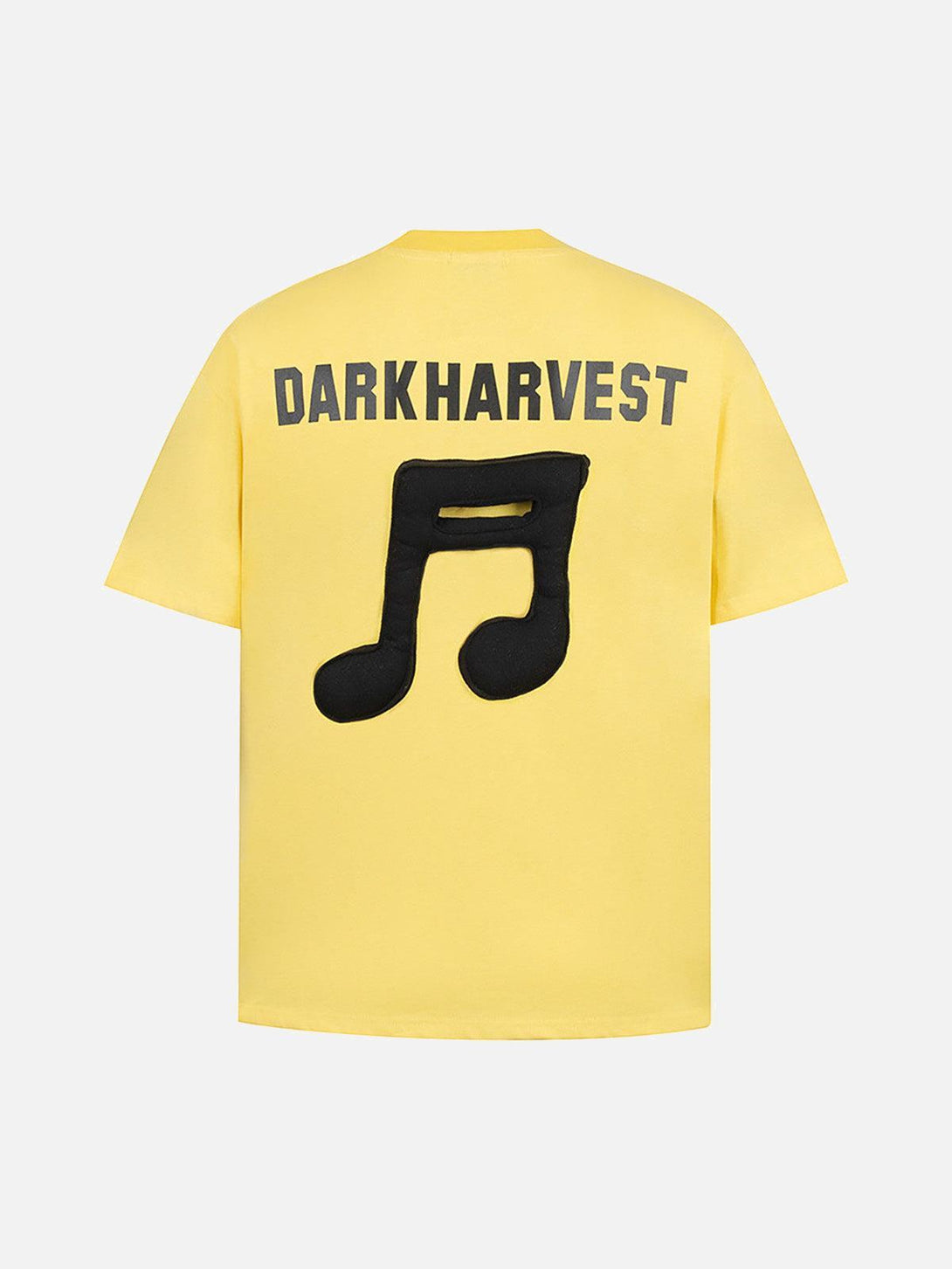 Back view of TALISHKO yellow t-shirt featuring bold black note graphic and "DARKHARVEST" text.