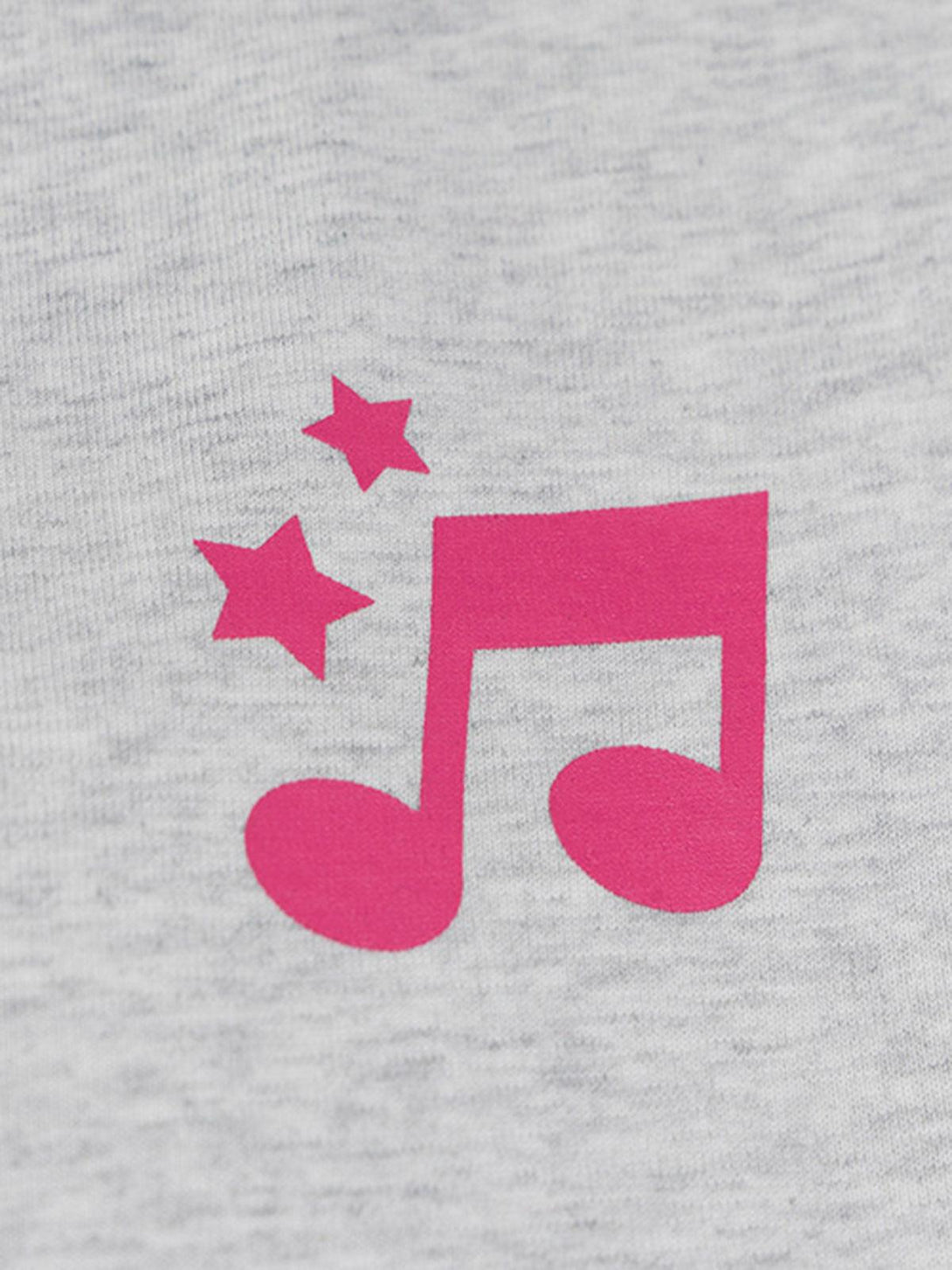 Pink music note and star detail on a gray TALISHKO T-shirt, offering a playful vibe.
