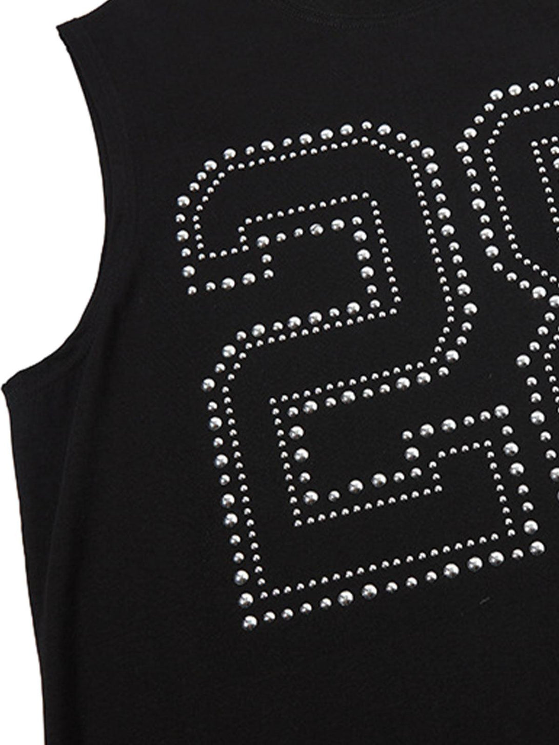 A detailed view of TALISHKO's black vest, showcasing studded "28" design on the front.