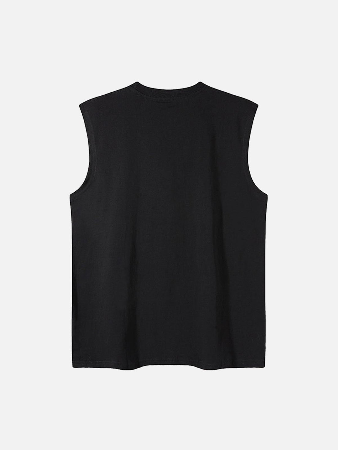 Back view of a black sleeveless vest by TALISHKO, highlighting its minimalist design.