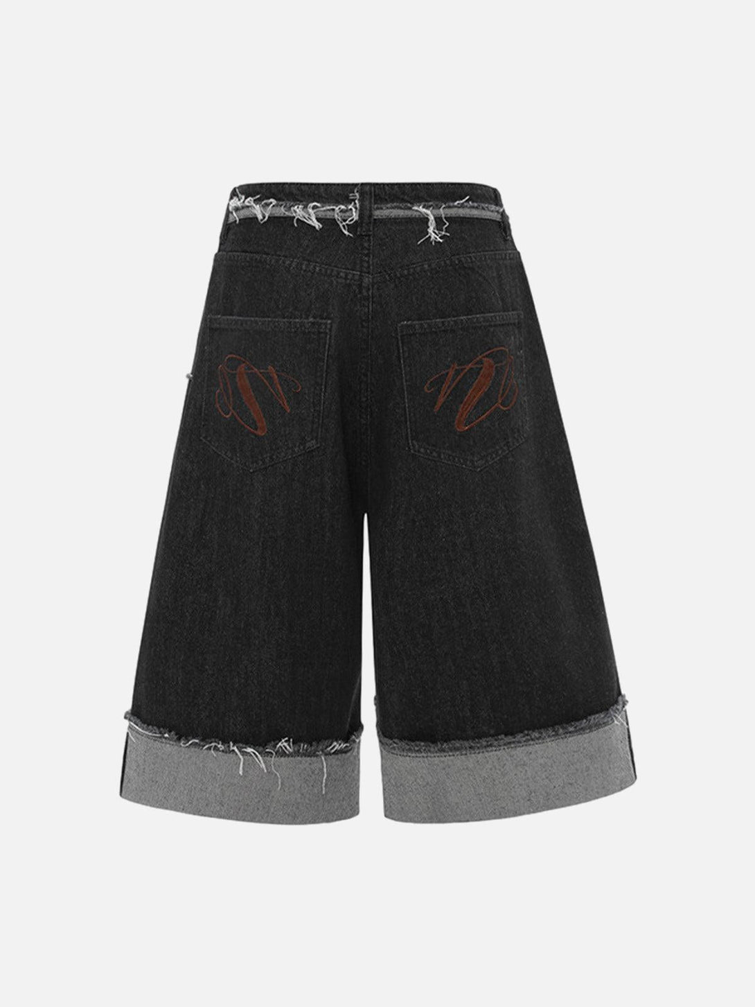 Back view of TALISHKO denim shorts with frayed edges and embroidered pockets, perfect for a laid-back vibe.