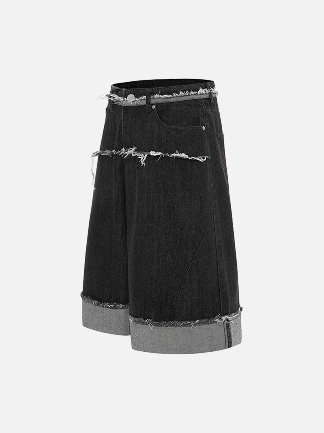 Side view of TALISHKO denim shorts featuring raw edges and rolled cuffs for a casual look.