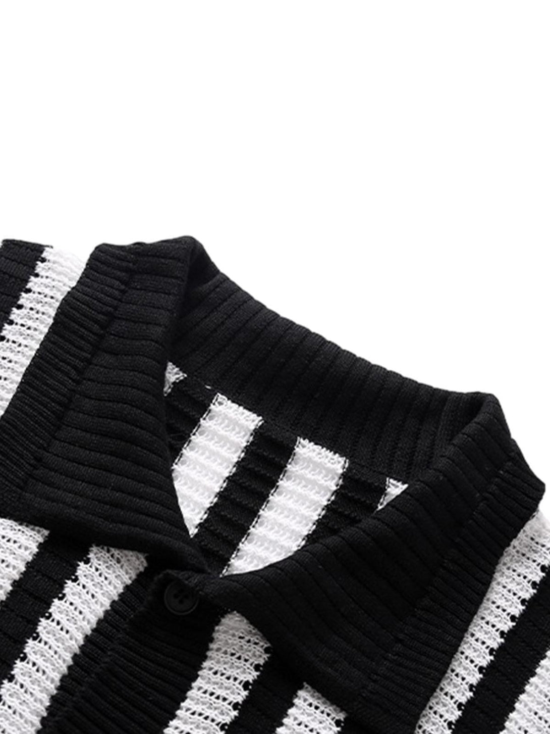 Close-up of the striped knit cardigan shirt collar by TALISHKO, showcasing its textured design.