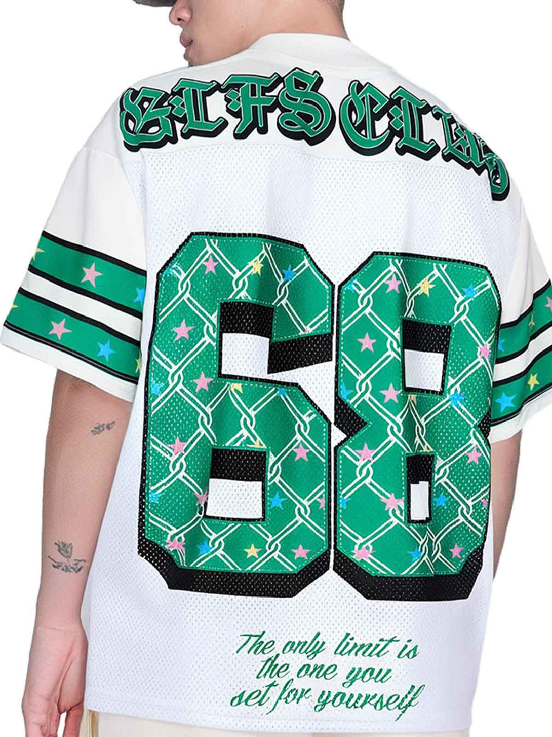 Back view of TALISHKO Club 68 jersey t-shirt, showcasing bold green graphics and unique design.