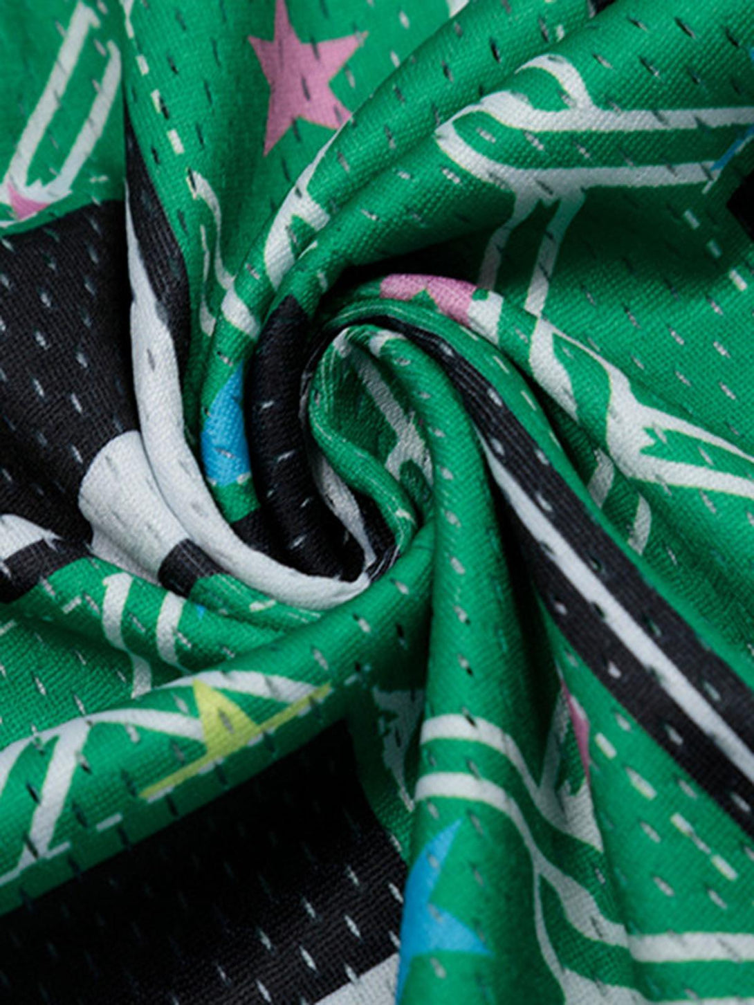 Intricate look at TALISHKO Club 68 jersey t-shirt, showcasing vibrant green fabric and patterns.