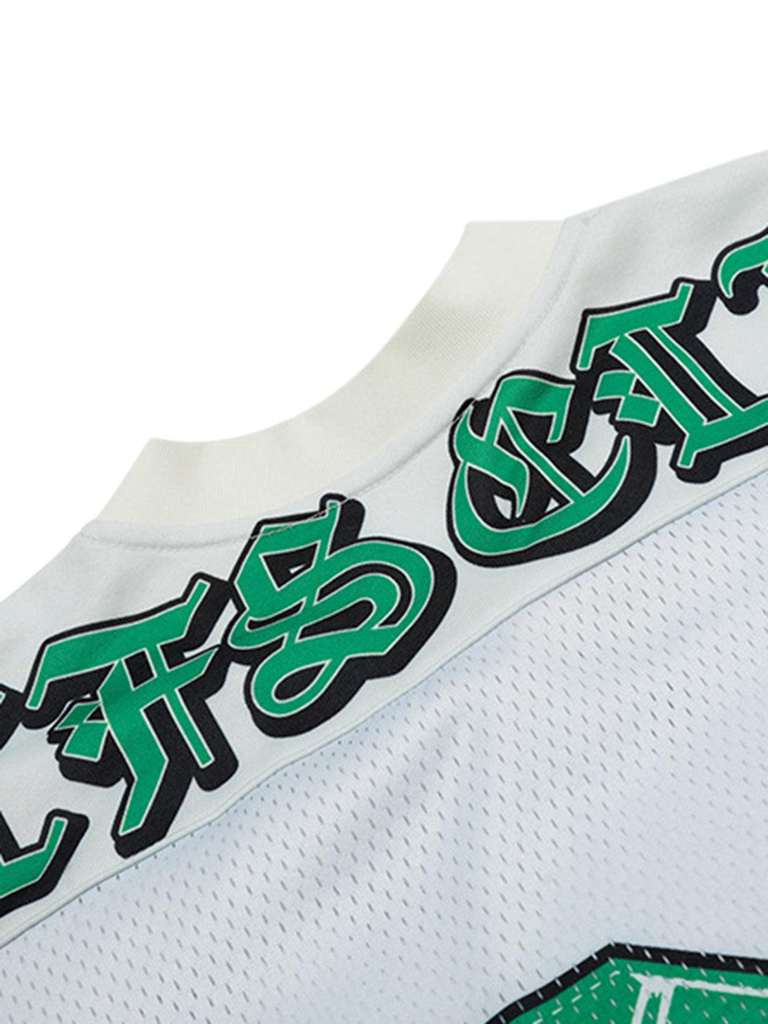 A close-up of TALISHKO Club 68 jersey t-shirt, highlighting bold green lettering on the collar.
