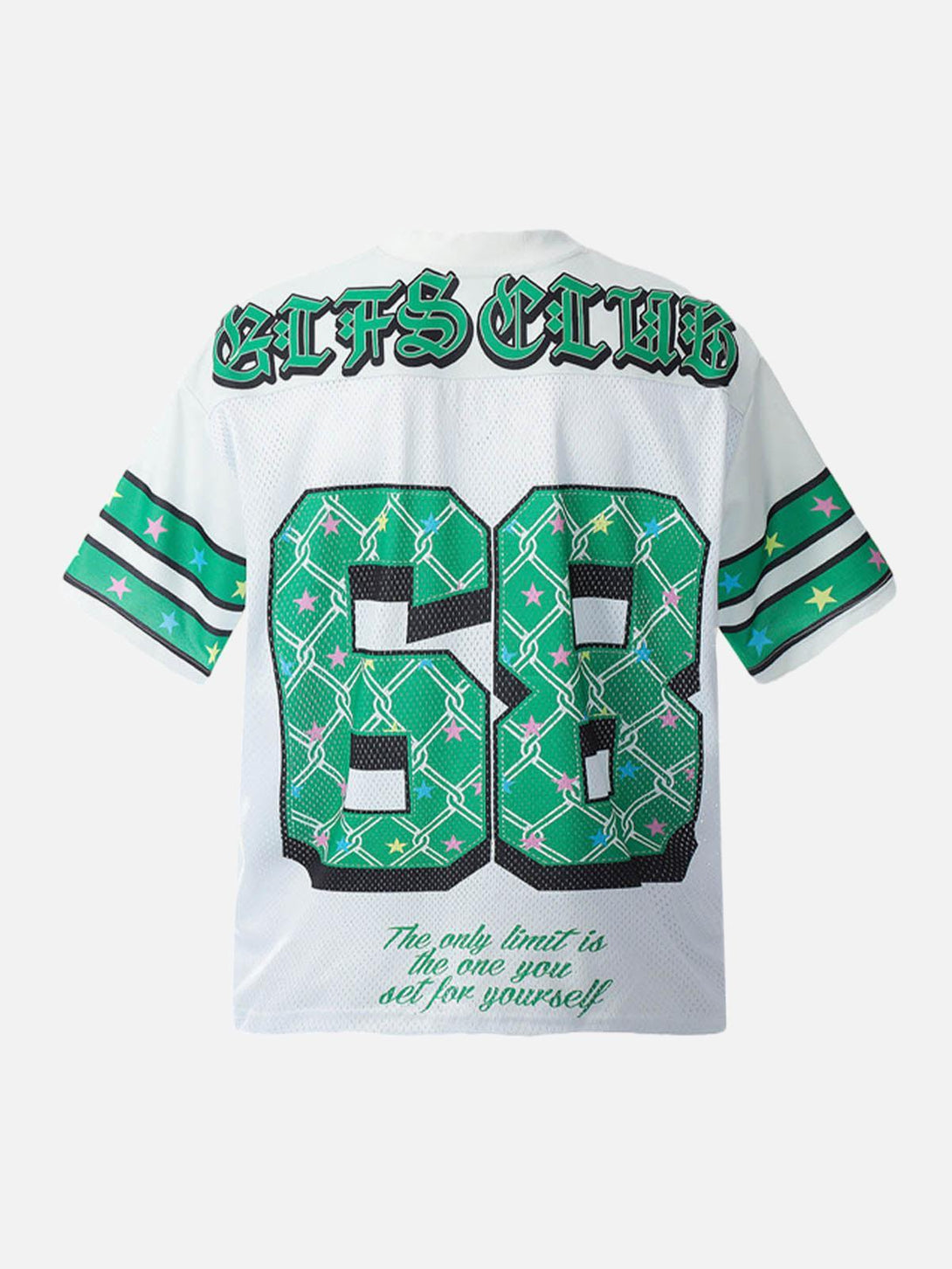 Back view of TALISHKO Club 68 jersey t-shirt with bold green graphics and motivational quote.
